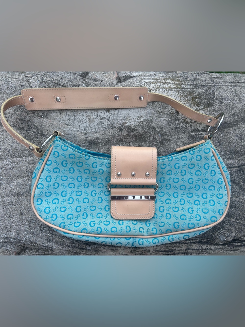 Guess Blue Logo Monogram Shoulder Bag with Tan Trim